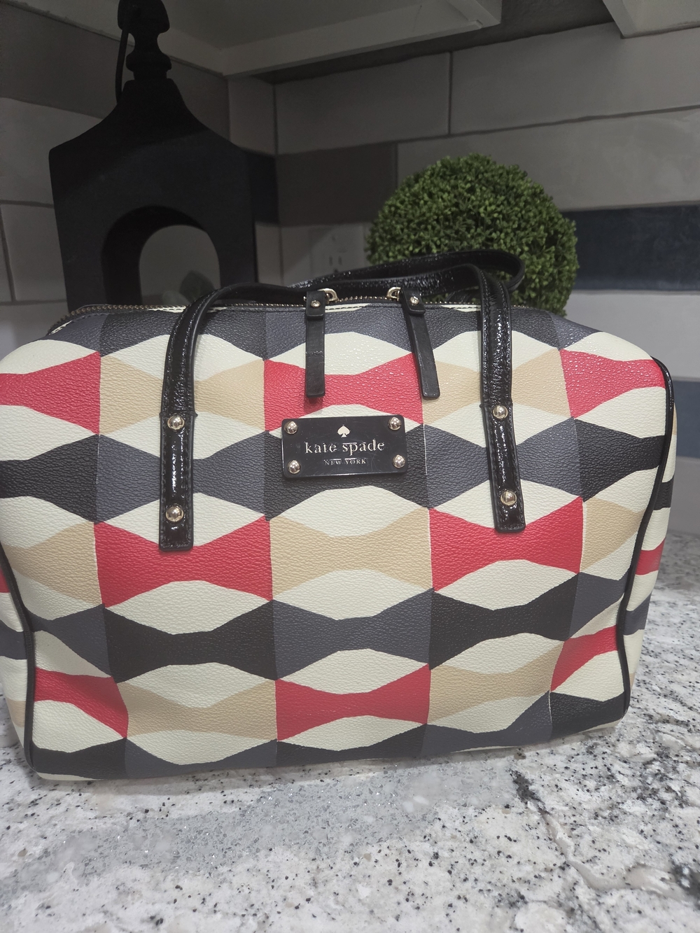 Kate Spade Geometric Pattern Satchel in Red, Black & Cream